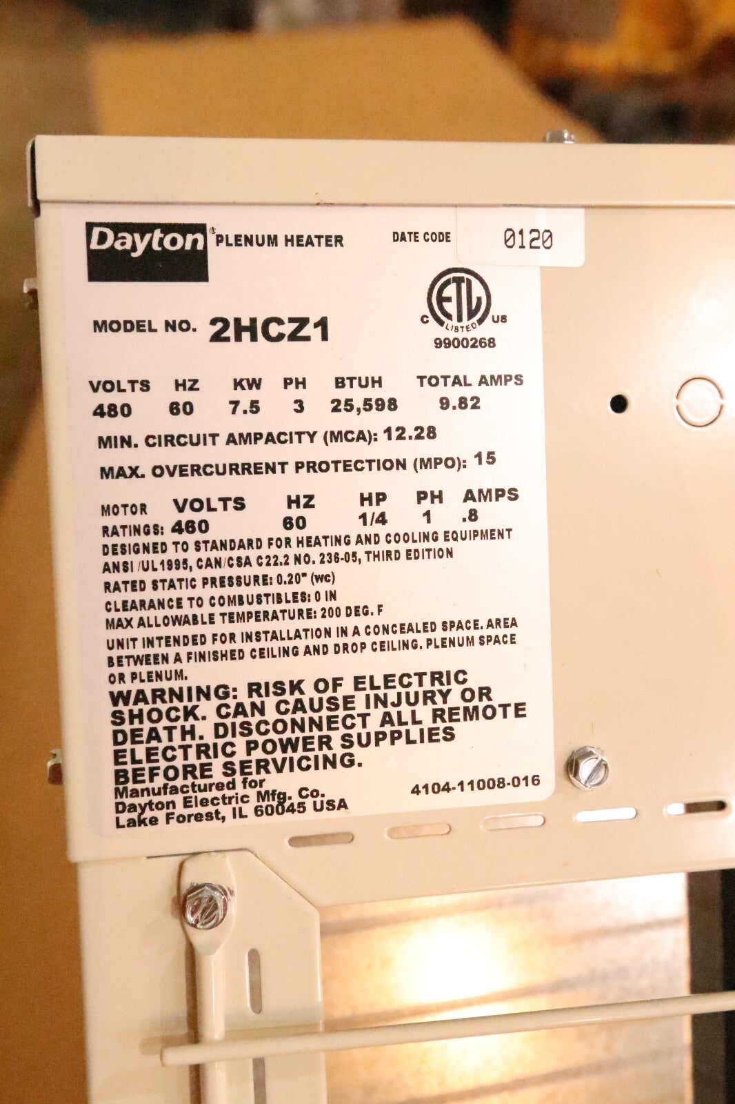 2HCZ1 Dayton Plenum Heater Electric Fan Coil Heater, 480V, 3Ph, 7.5kW