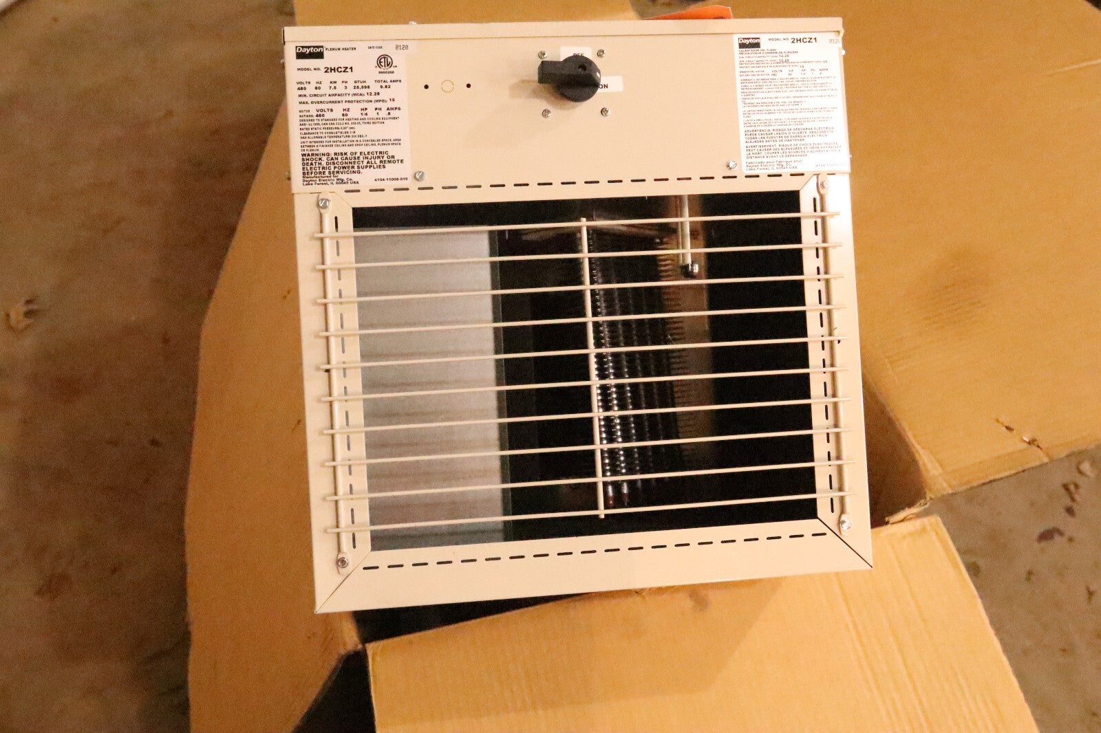 2HCZ1 Dayton Plenum Heater Electric Fan Coil Heater, 480V, 3Ph, 7.5kW
