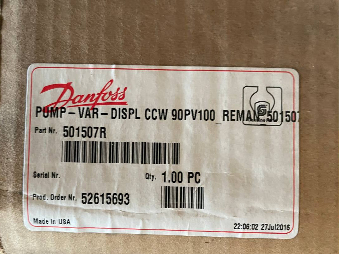 Danfoss pump part on a cardboard box with label details